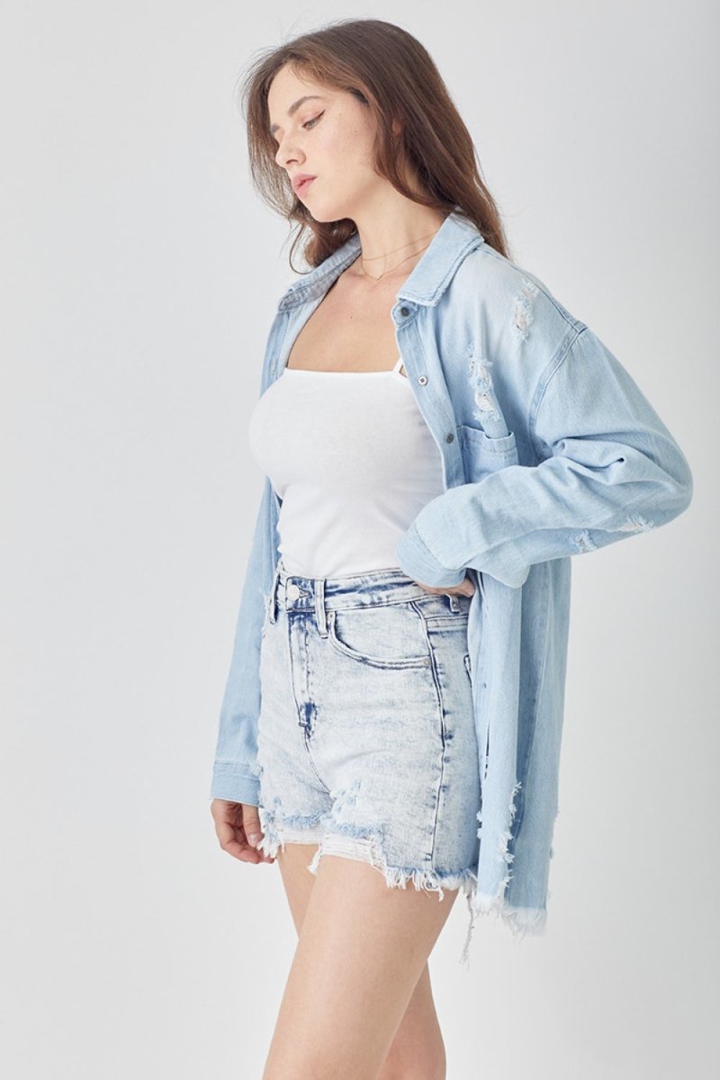 RISEN Raw Hem Distressed High Rise Denim Shorts - Bottoms