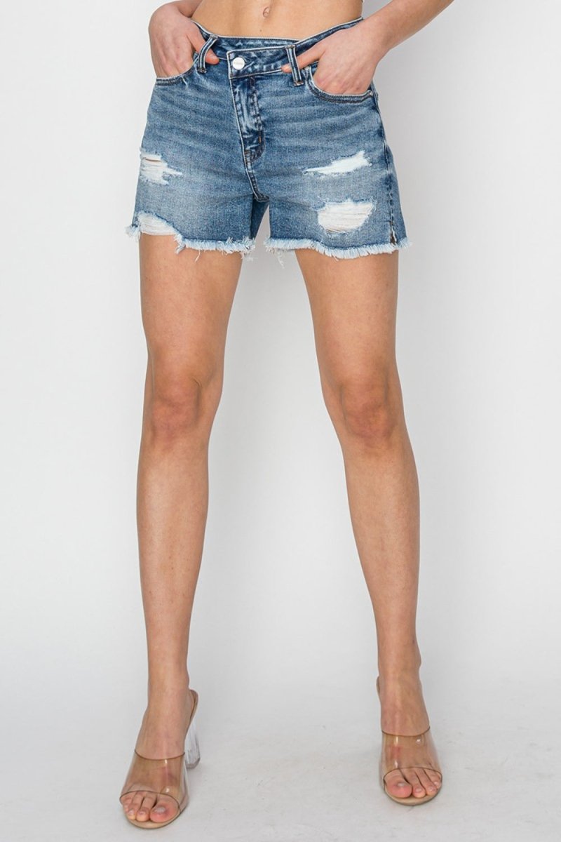 RISEN Stepped Waist Frayed Denim Shorts - Bottoms