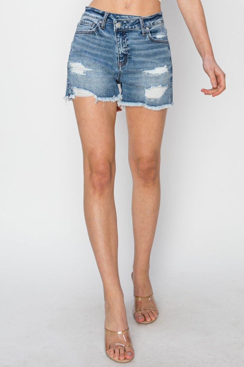 RISEN Stepped Waist Frayed Denim Shorts - Bottoms
