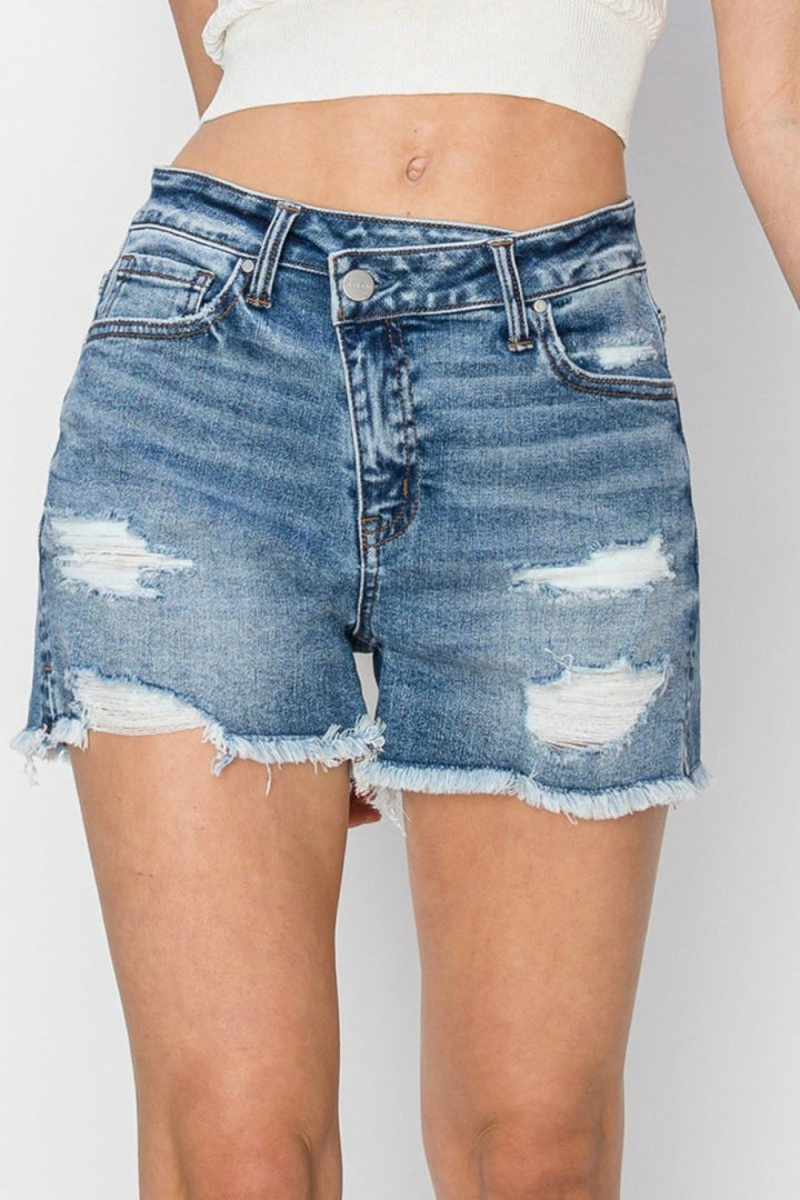 RISEN Stepped Waist Frayed Denim Shorts - Bottoms