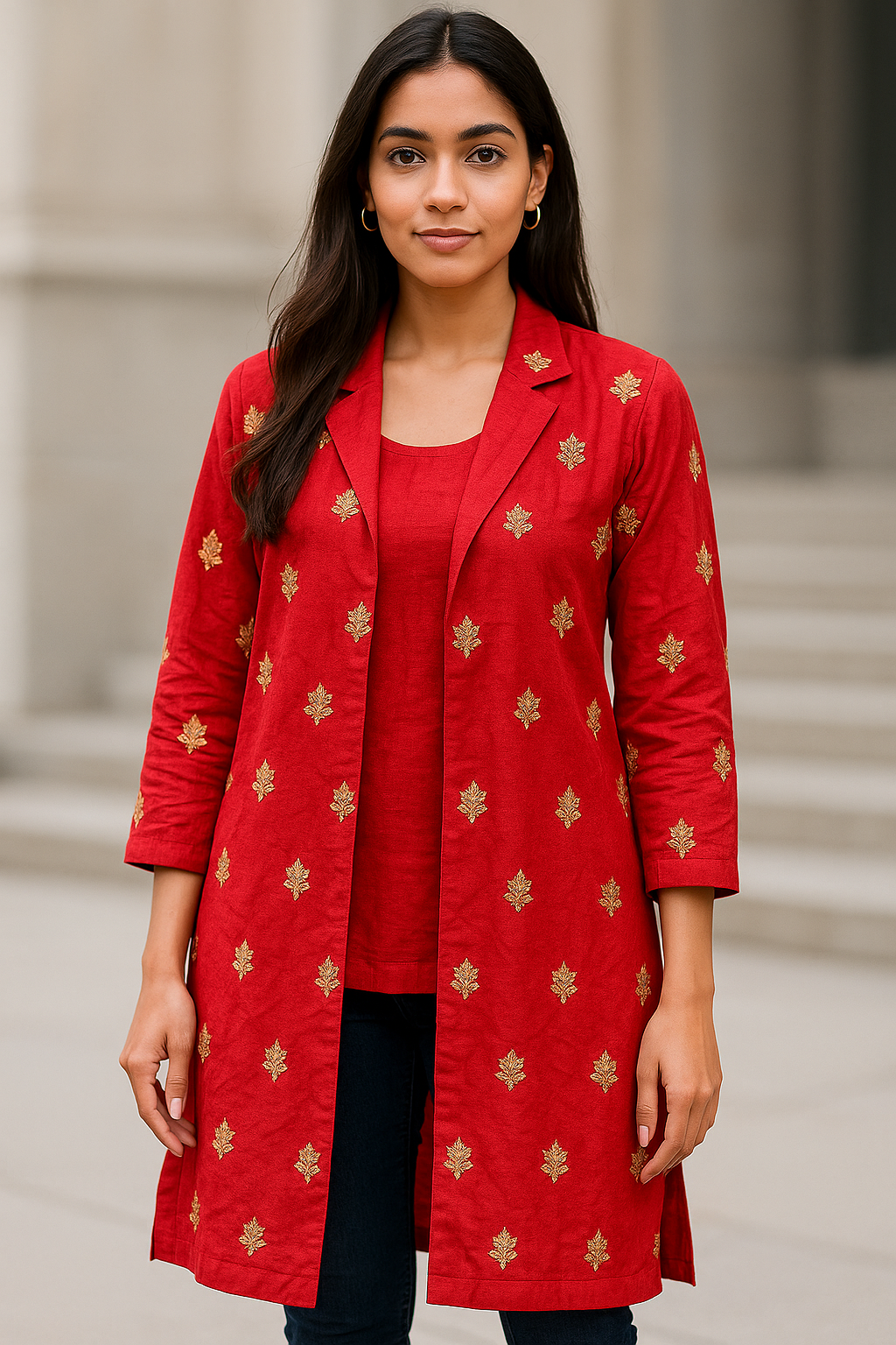 Customizable Red Tunic Set with Embroidered Long Jacket