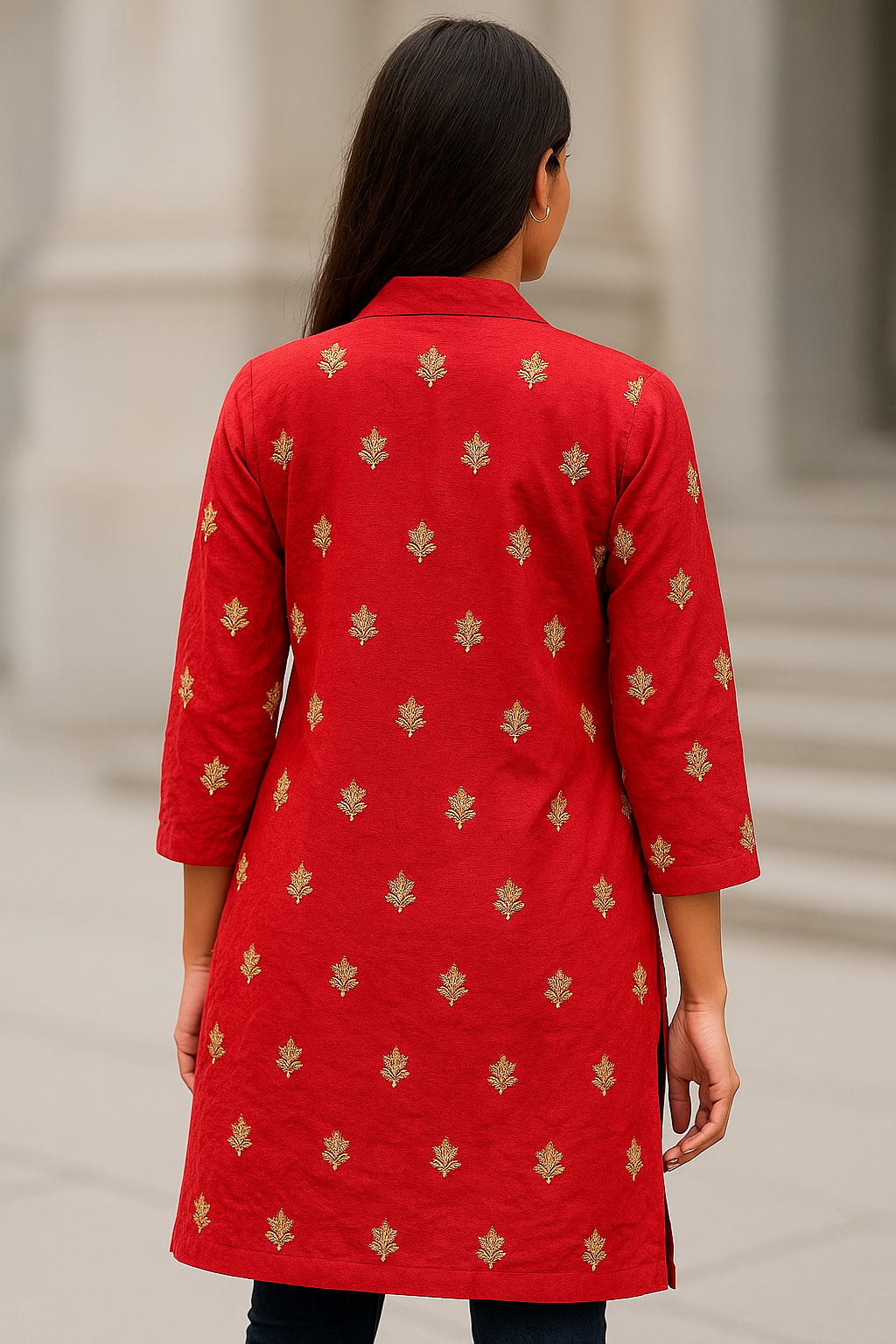 Customizable Red Tunic Set with Embroidered Long Jacket