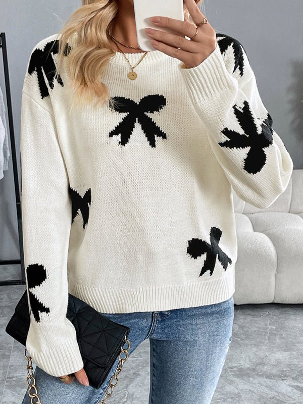 Round Neck Bow Jacquard Sweater - 