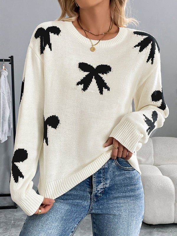 Round Neck Bow Jacquard Sweater - 
