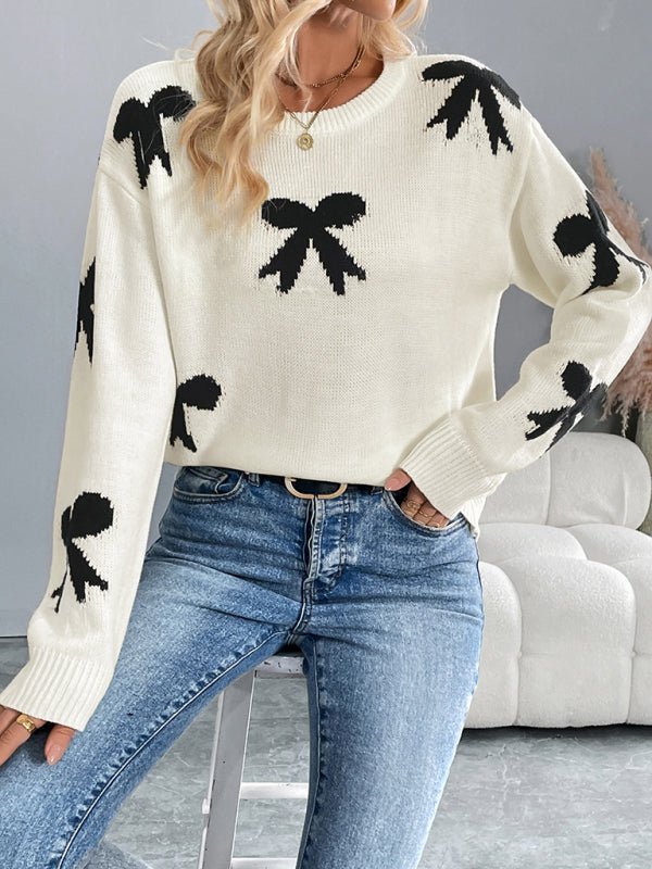 Round Neck Bow Jacquard Sweater - 