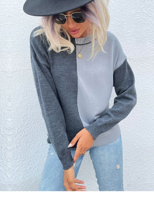 Round neck contrasting sweater with loose pullover knit - Outerwear