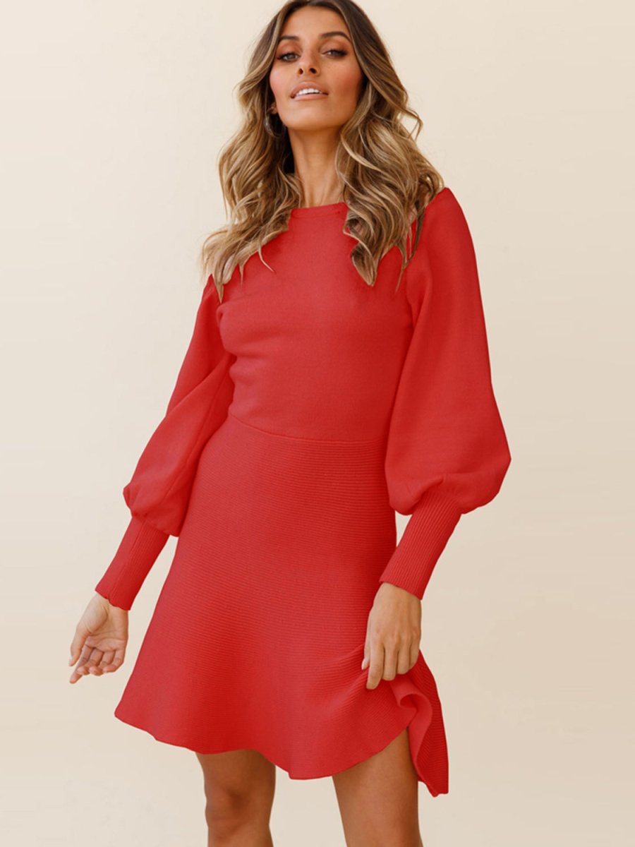 Round Neck Lantern Sleeve Sweater Dress - Sweater Dress