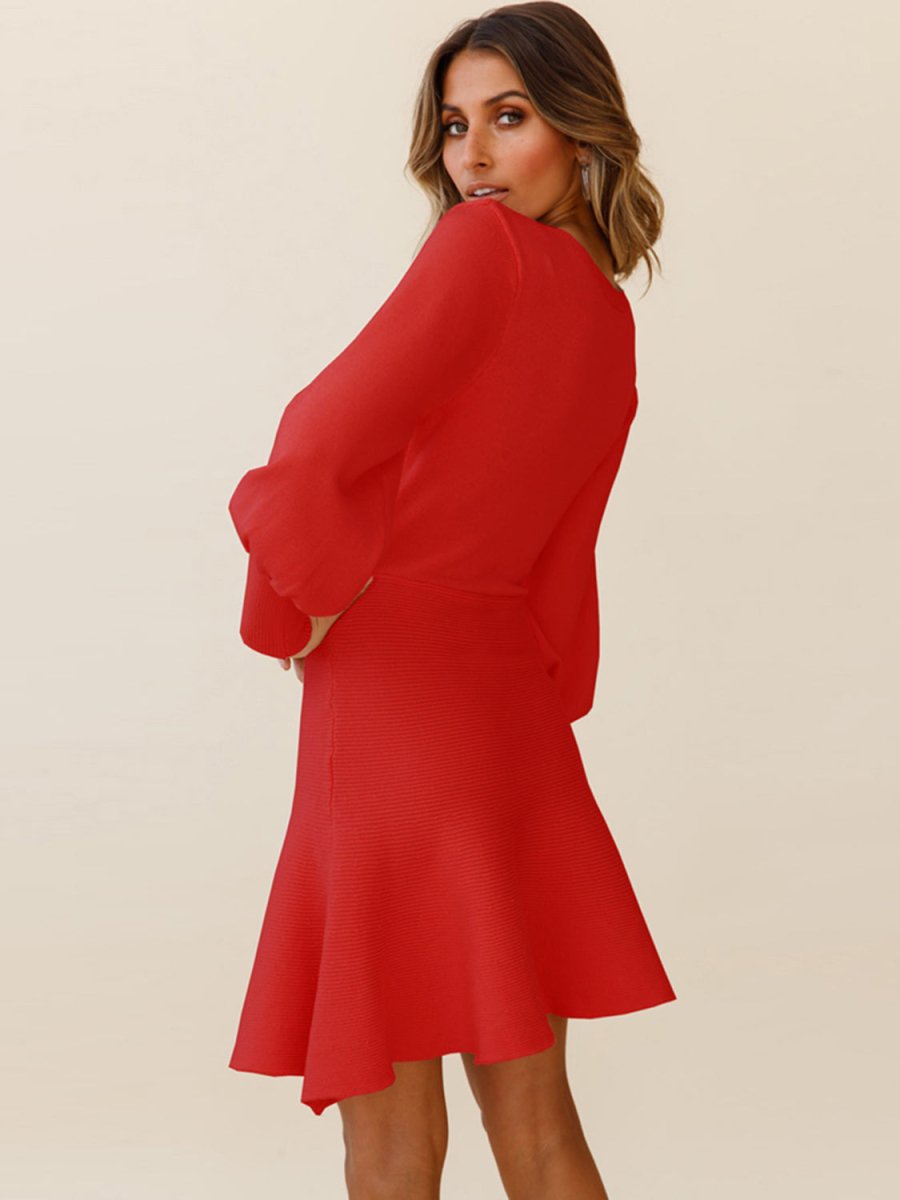 Round Neck Lantern Sleeve Sweater Dress - Sweater Dress