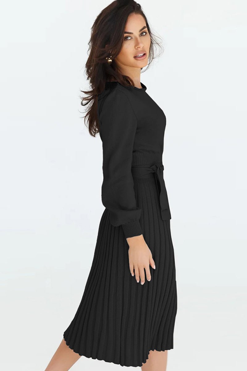 Round Neck Long Sleeve Pleated Sweater Dress - Sweater Dress