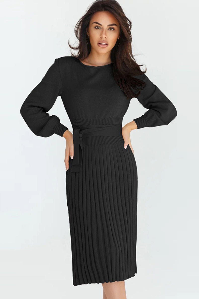 Round Neck Long Sleeve Pleated Sweater Dress - Sweater Dress