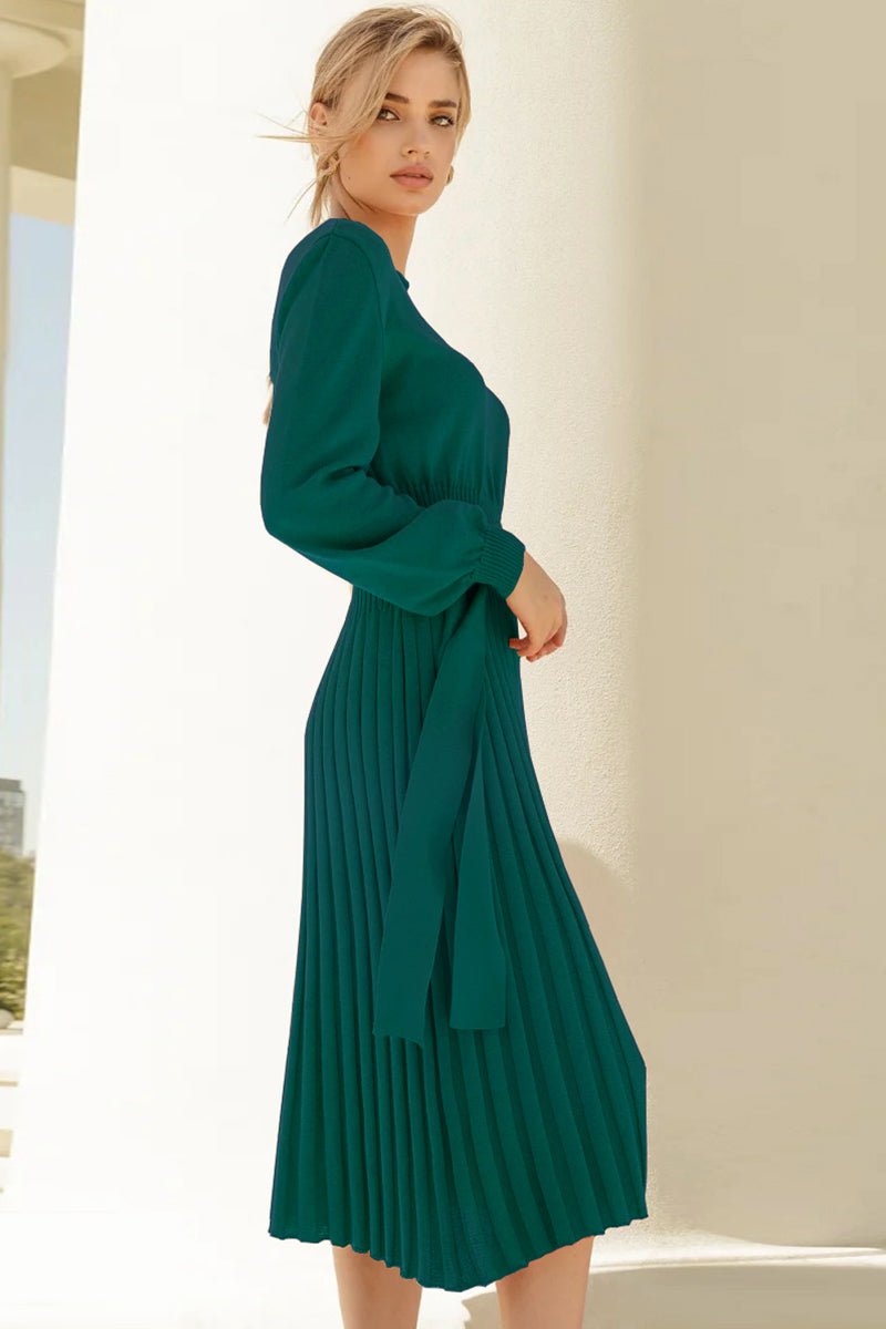 Round Neck Long Sleeve Pleated Sweater Dress - Sweater Dress