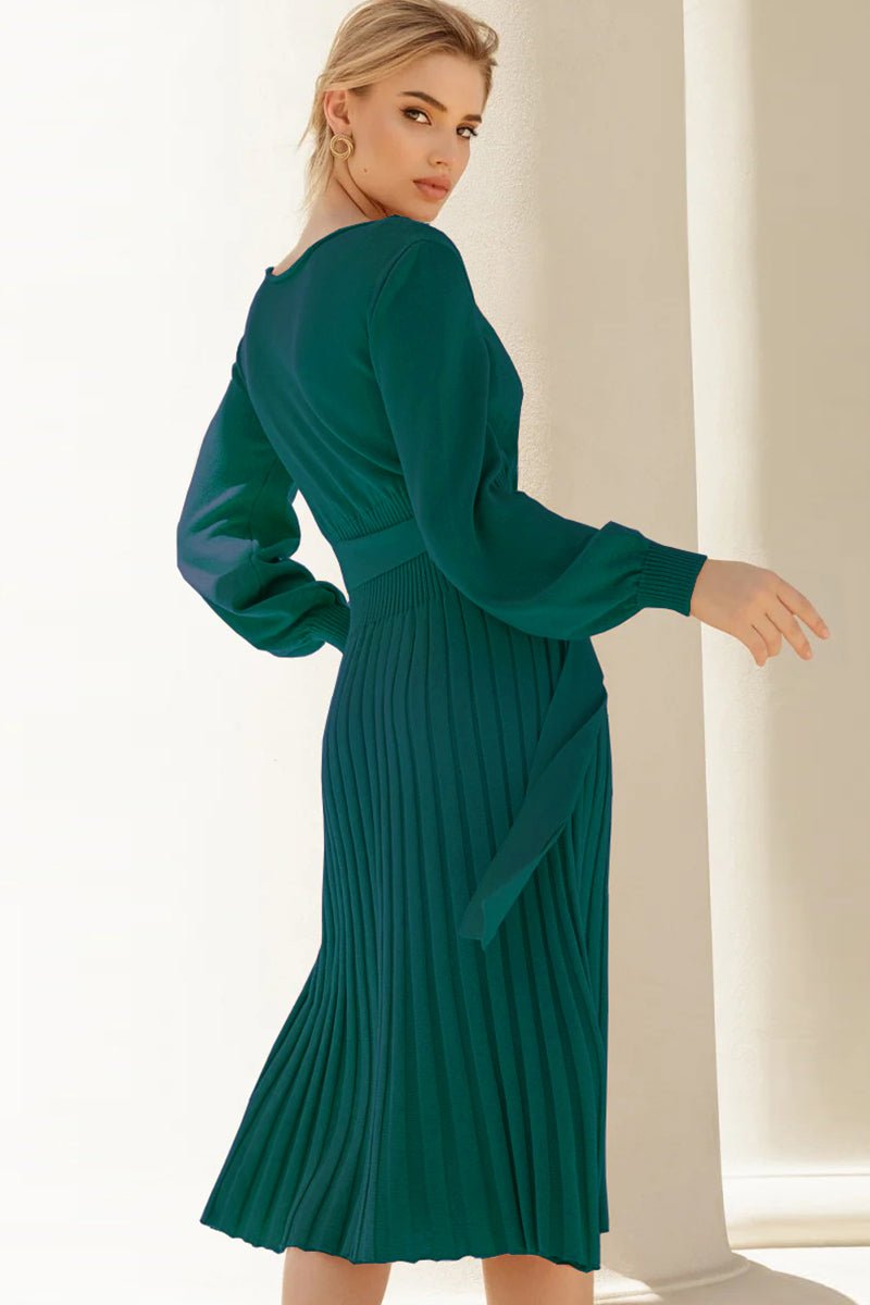 Round Neck Long Sleeve Pleated Sweater Dress - Sweater Dress