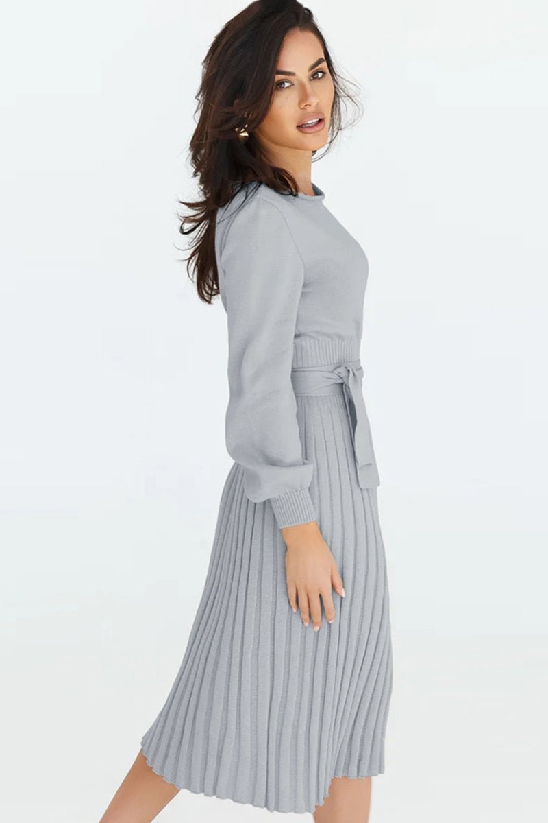 Round Neck Long Sleeve Pleated Sweater Dress - Sweater Dress