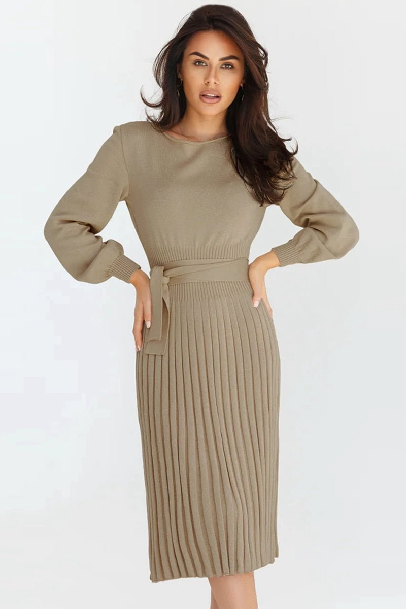 Round Neck Long Sleeve Pleated Sweater Dress - Sweater Dress