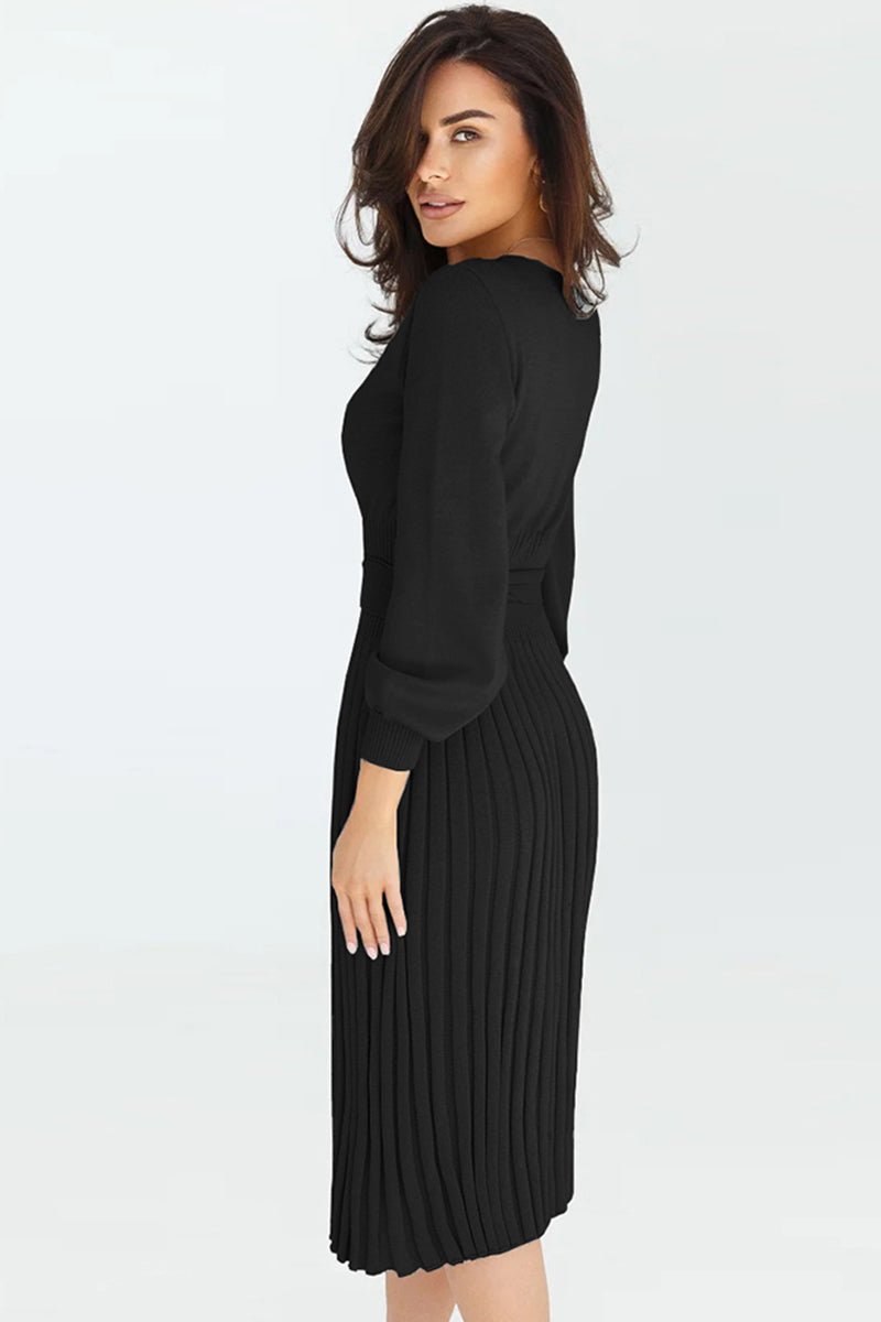 Round Neck Long Sleeve Pleated Sweater Dress - Sweater Dress