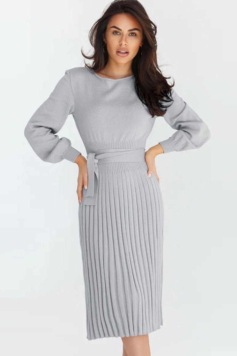 Round Neck Long Sleeve Pleated Sweater Dress - Sweater Dress
