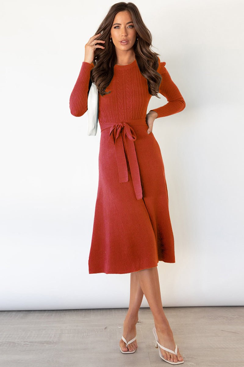 Round Neck Long Sleeve Tie Waist Sweater Dress - Sweater Dress