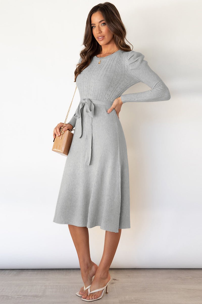 Round Neck Long Sleeve Tie Waist Sweater Dress - Sweater Dress