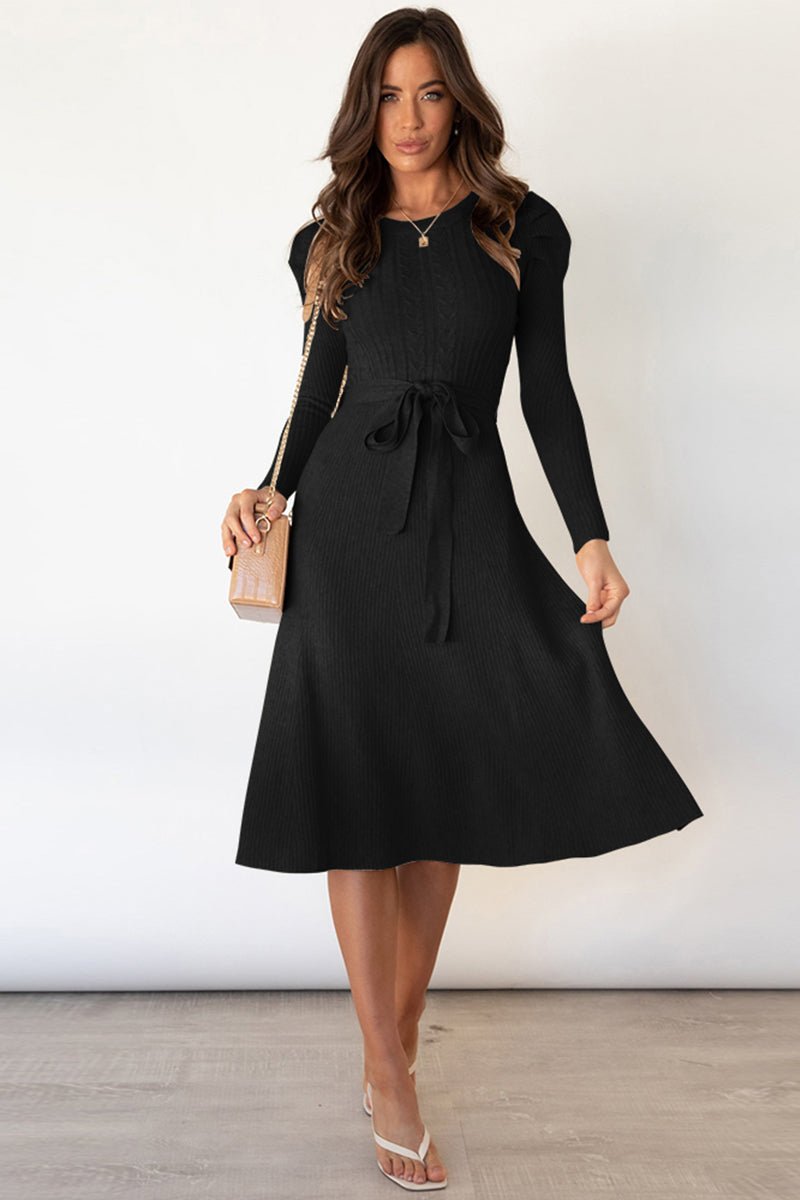 Round Neck Long Sleeve Tie Waist Sweater Dress - Sweater Dress