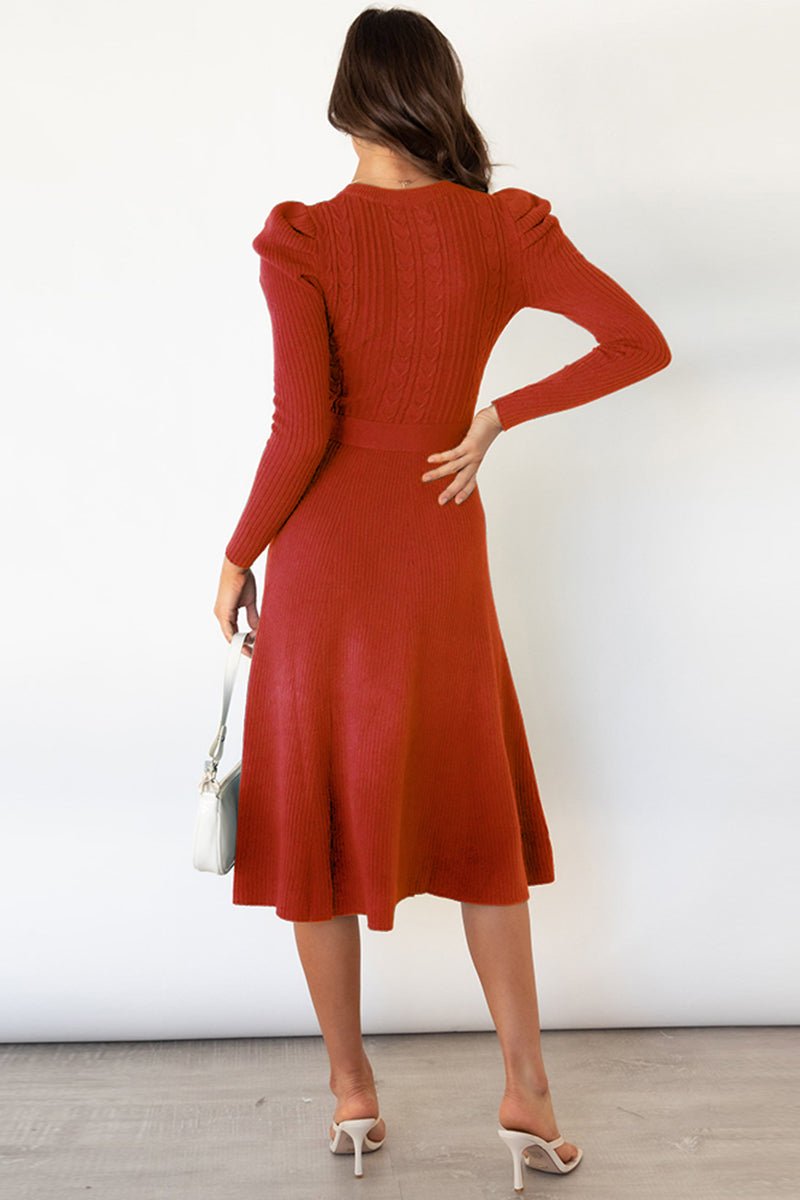 Round Neck Long Sleeve Tie Waist Sweater Dress - Sweater Dress