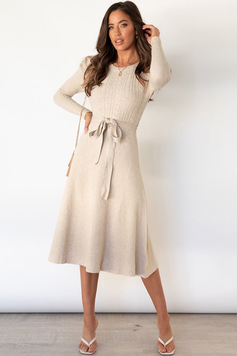 Round Neck Long Sleeve Tie Waist Sweater Dress - Sweater Dress