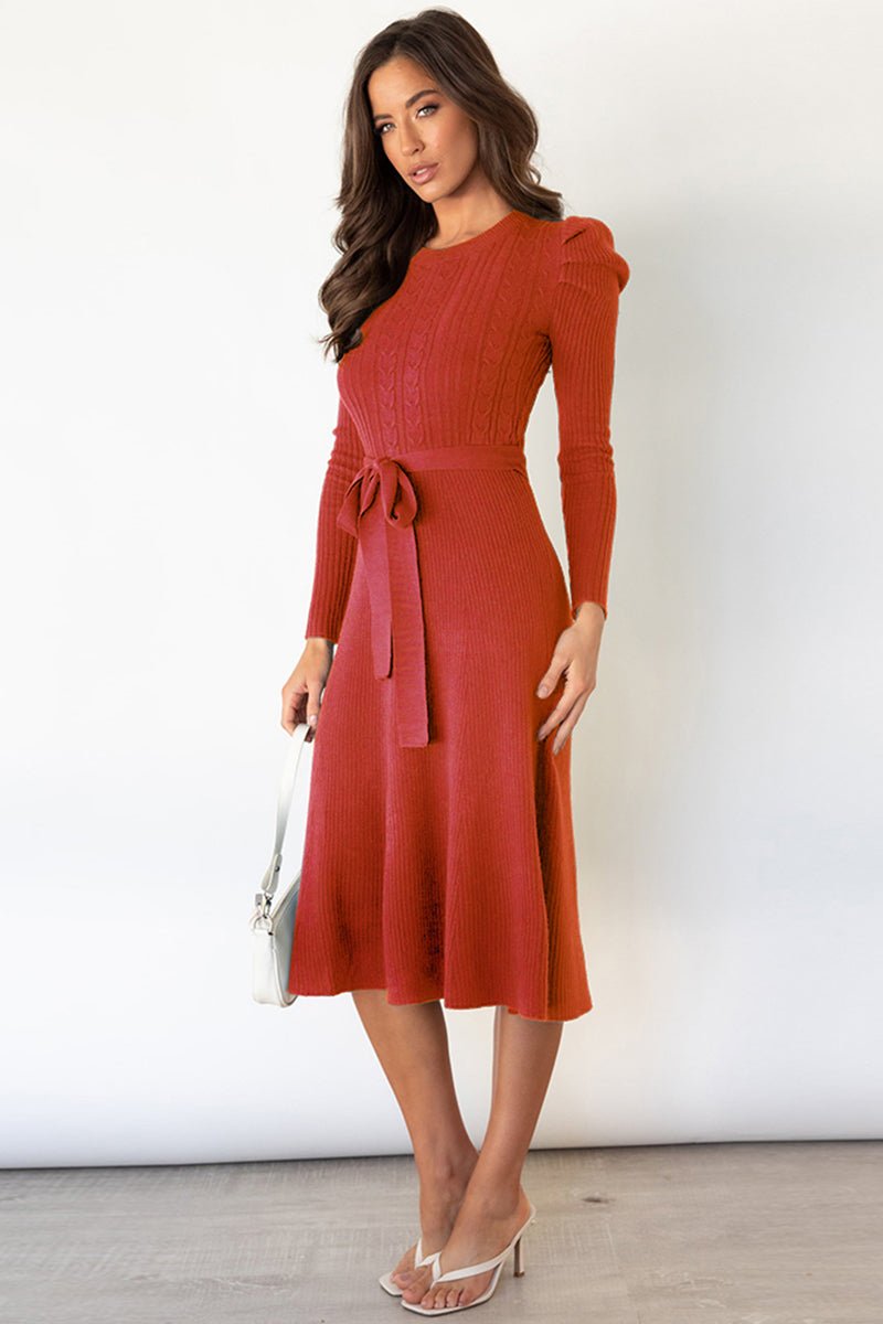 Round Neck Long Sleeve Tie Waist Sweater Dress - Sweater Dress