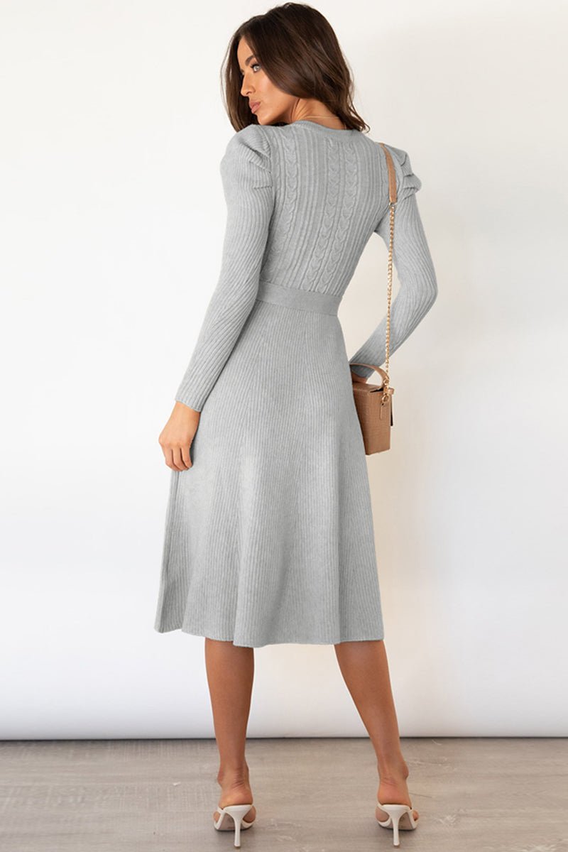 Round Neck Long Sleeve Tie Waist Sweater Dress - Sweater Dress
