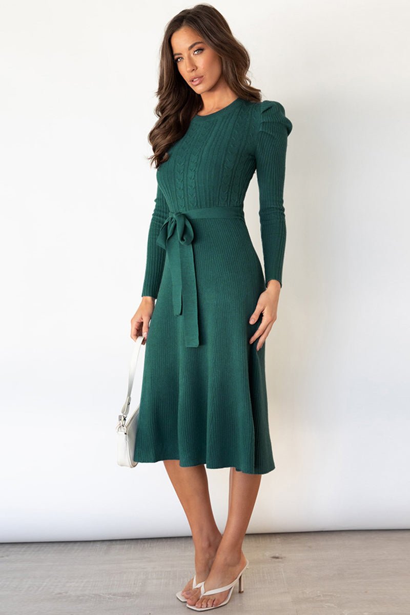 Round Neck Long Sleeve Tie Waist Sweater Dress - Sweater Dress