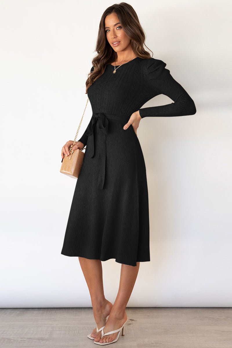 Round Neck Long Sleeve Tie Waist Sweater Dress - Sweater Dress