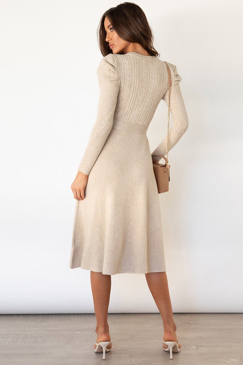 Round Neck Long Sleeve Tie Waist Sweater Dress - Sweater Dress