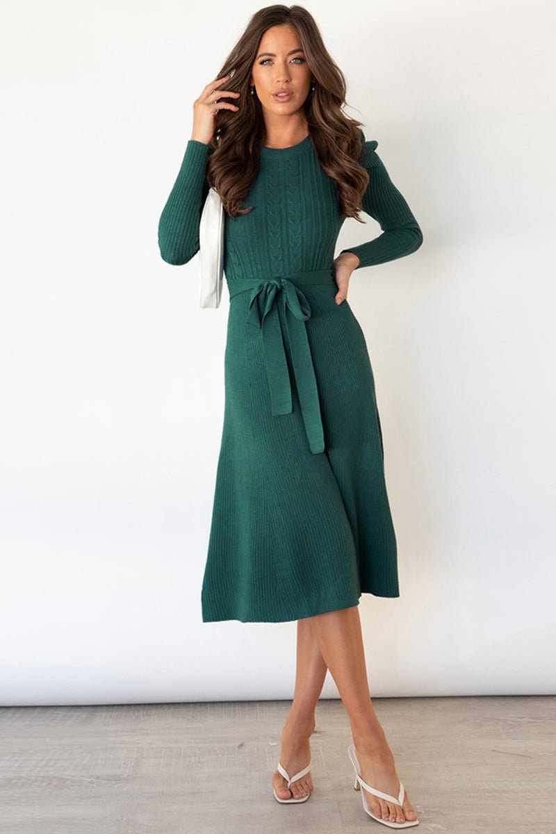Round Neck Long Sleeve Tie Waist Sweater Dress - Sweater Dress