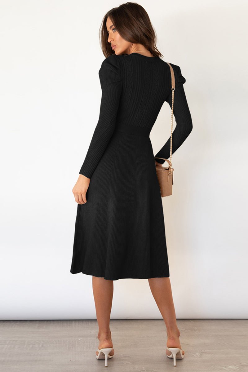 Round Neck Long Sleeve Tie Waist Sweater Dress - Sweater Dress