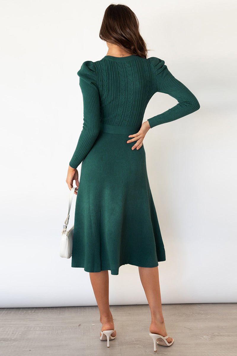 Round Neck Long Sleeve Tie Waist Sweater Dress - Sweater Dress