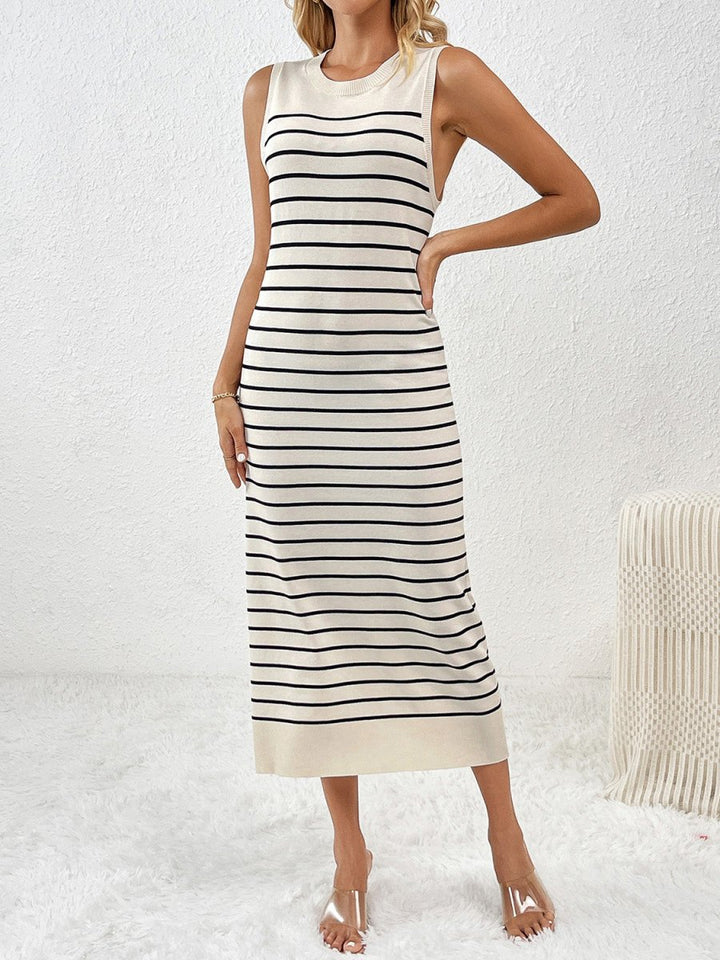 Round Neck Sleeve Midi Knit Dress - Sweater Dress