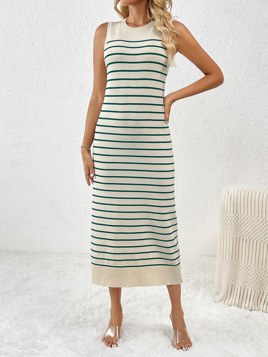 Round Neck Sleeve Midi Knit Dress - Sweater Dress