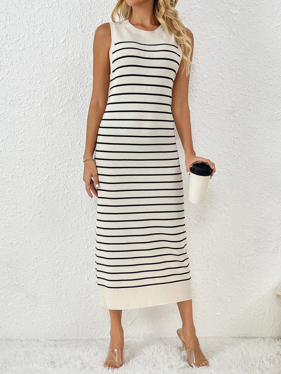 Round Neck Sleeve Midi Knit Dress - Sweater Dress