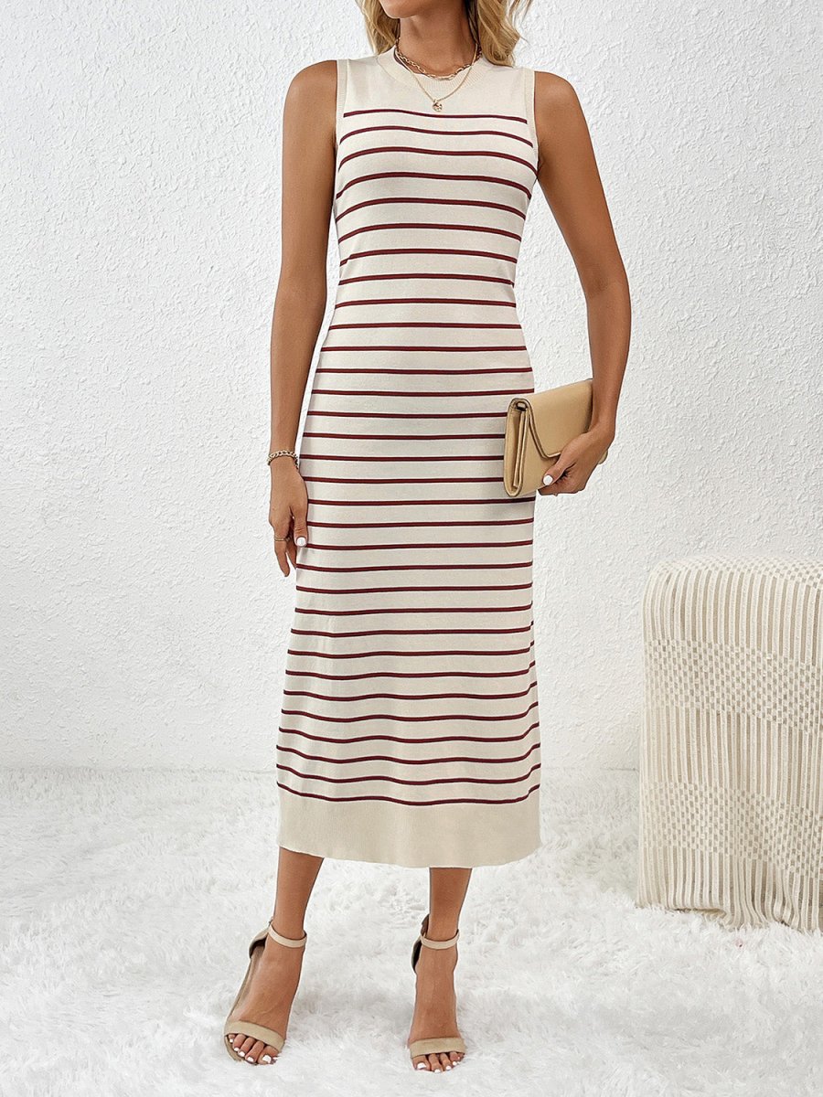 Round Neck Sleeve Midi Knit Dress - Sweater Dress