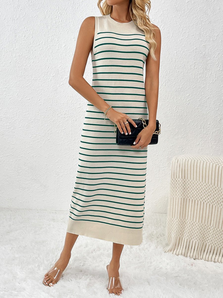 Round Neck Sleeve Midi Knit Dress - Sweater Dress
