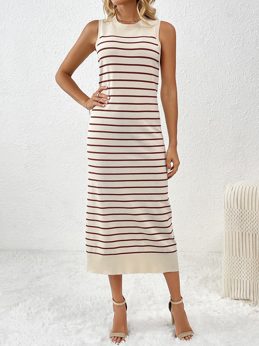 Round Neck Sleeve Midi Knit Dress - Sweater Dress