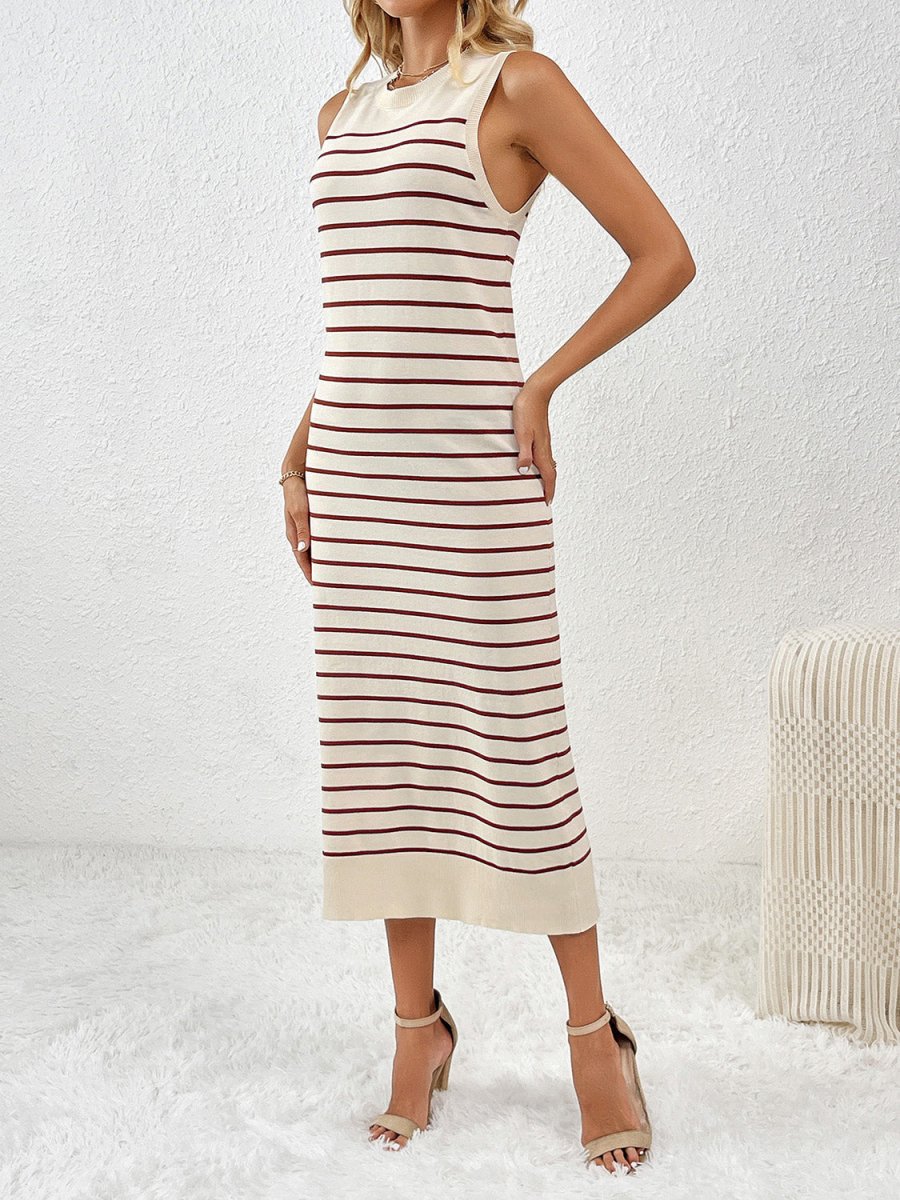 Round Neck Sleeve Midi Knit Dress - Sweater Dress