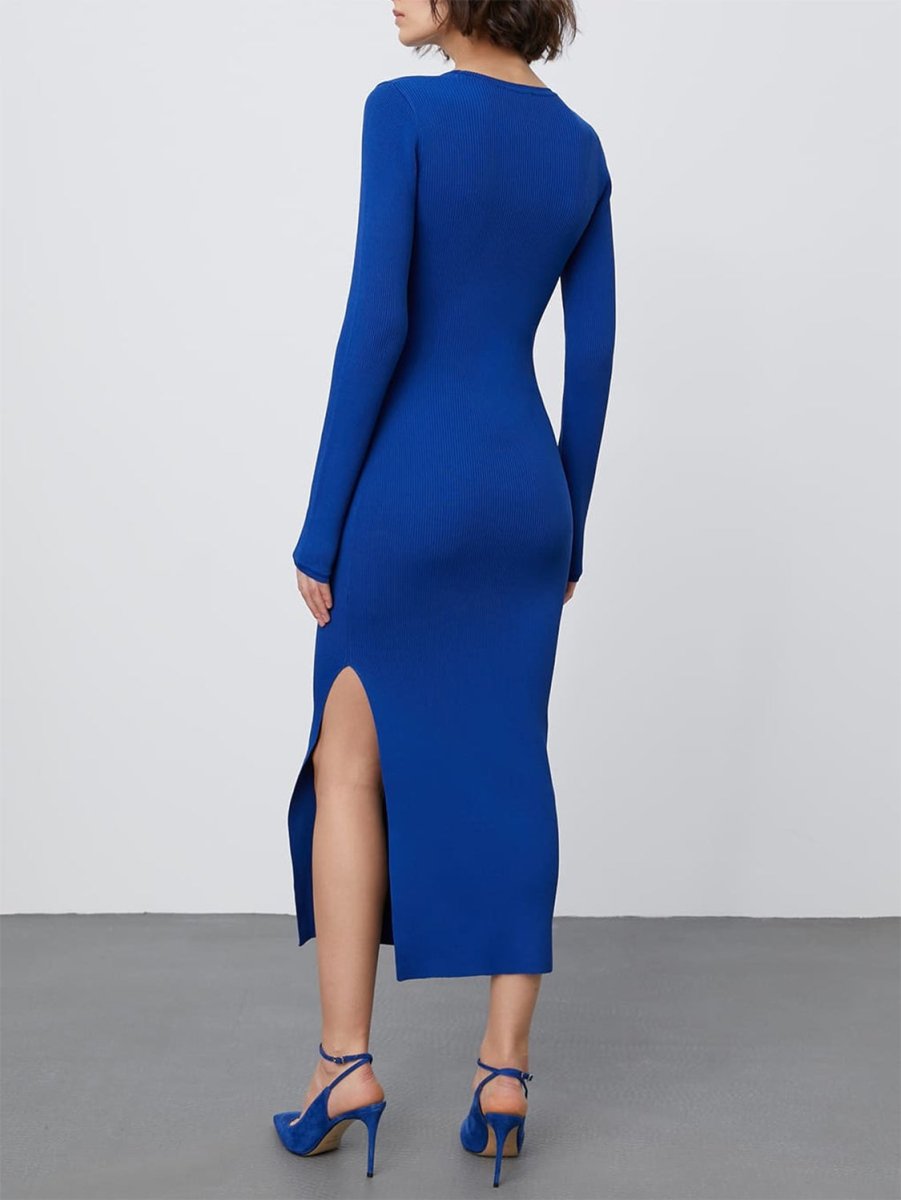 Round Neck Slit Sweater Dress - Sweater Dress
