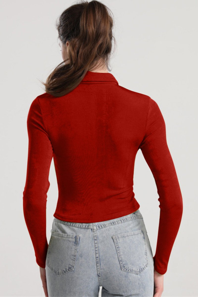 Ruched Button Up Long Sleeve T-Shirt - Top
