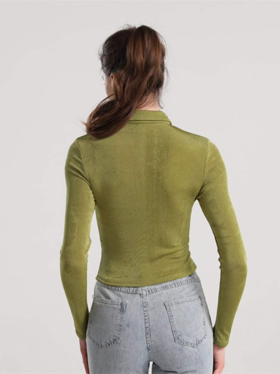 Ruched Button Up Long Sleeve T-Shirt - Top
