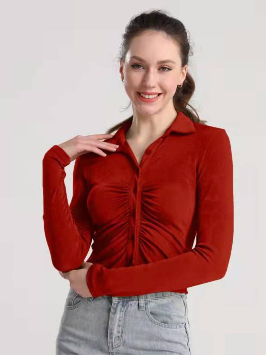 Ruched Button Up Long Sleeve T-Shirt - Top