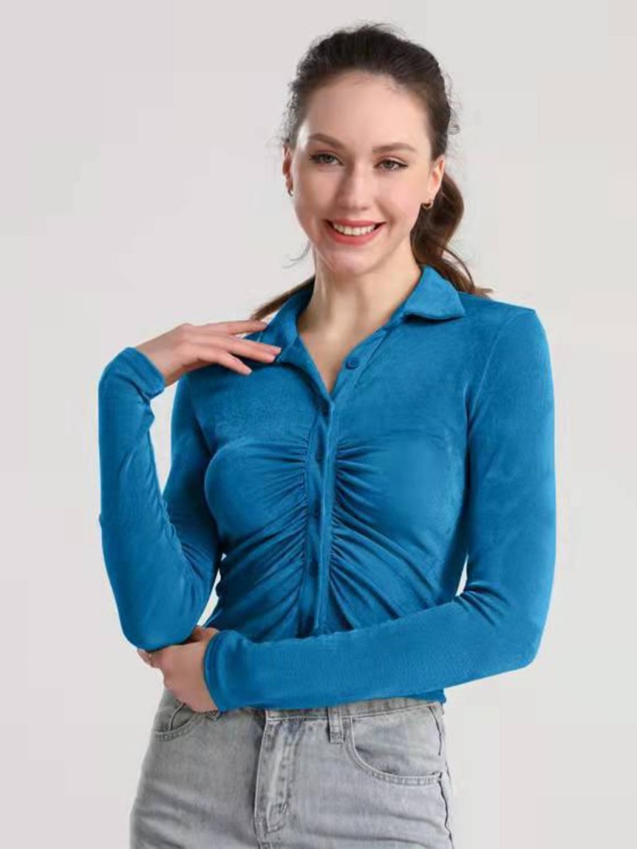 Ruched Button Up Long Sleeve T-Shirt - Top