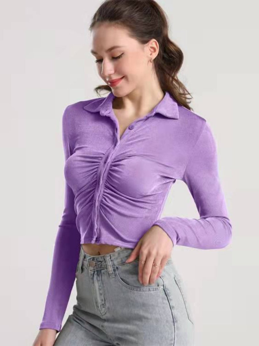 Ruched Button Up Long Sleeve T-Shirt - Top