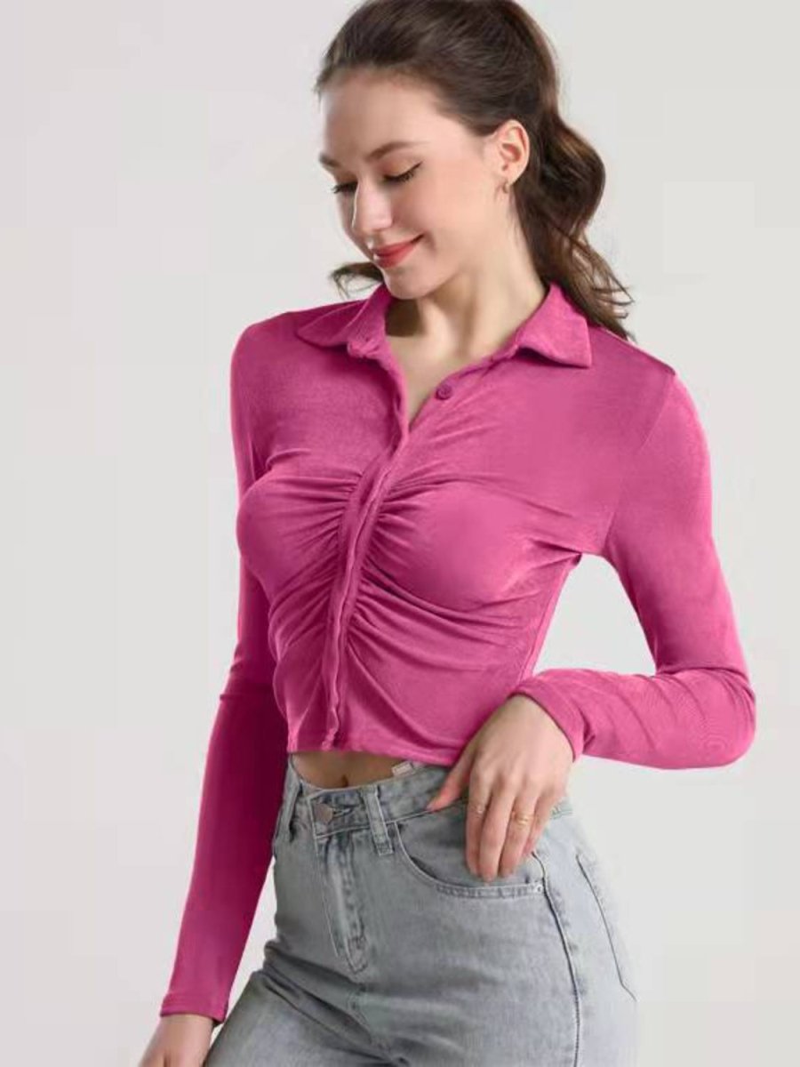 Ruched Button Up Long Sleeve T-Shirt - Top