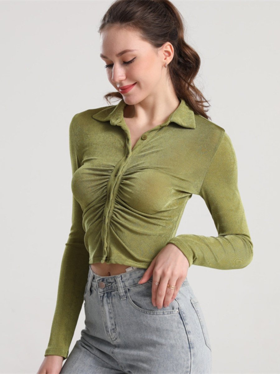 Ruched Button Up Long Sleeve T-Shirt - Top