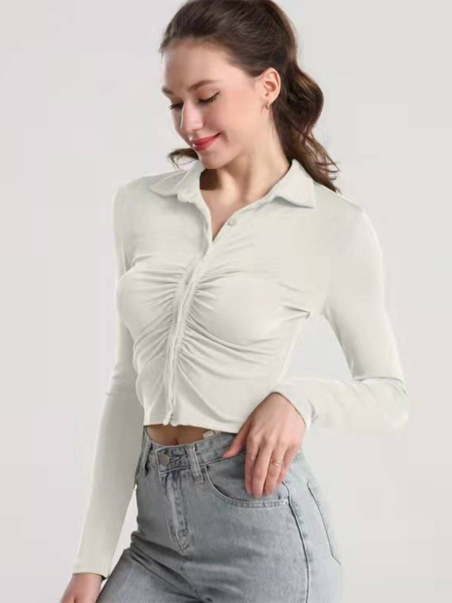 Ruched Button Up Long Sleeve T-Shirt - Top