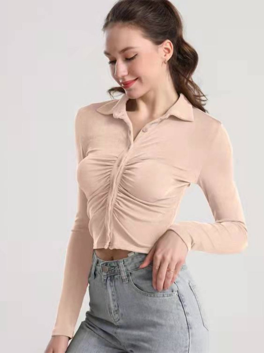 Ruched Button Up Long Sleeve T-Shirt - Top